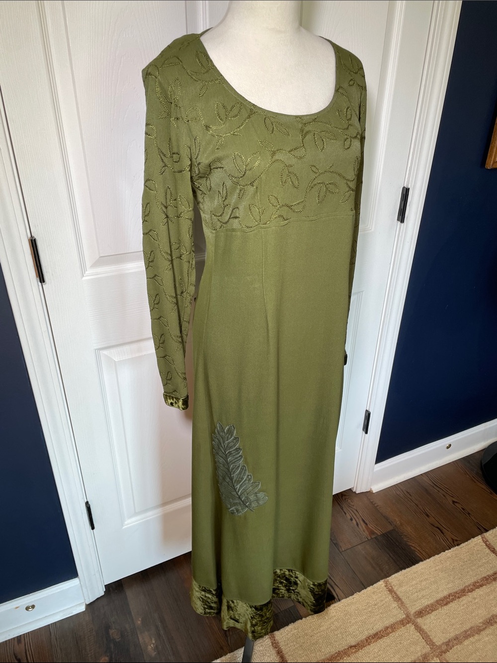 Vintage Johnny Was Embroidered Olive Green Maxi Dress Velvet Trim XS